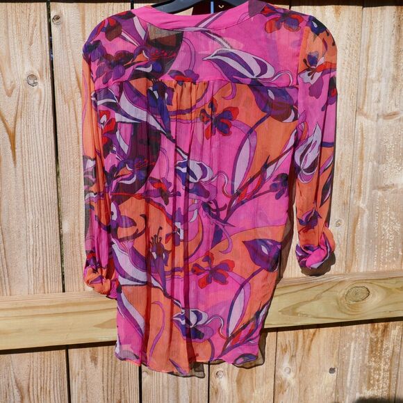 HALE BOB Silk Tunic Blouse Pink Boho Floral Roll Tab Long Sleeves Size XS - Picture 7 of 9